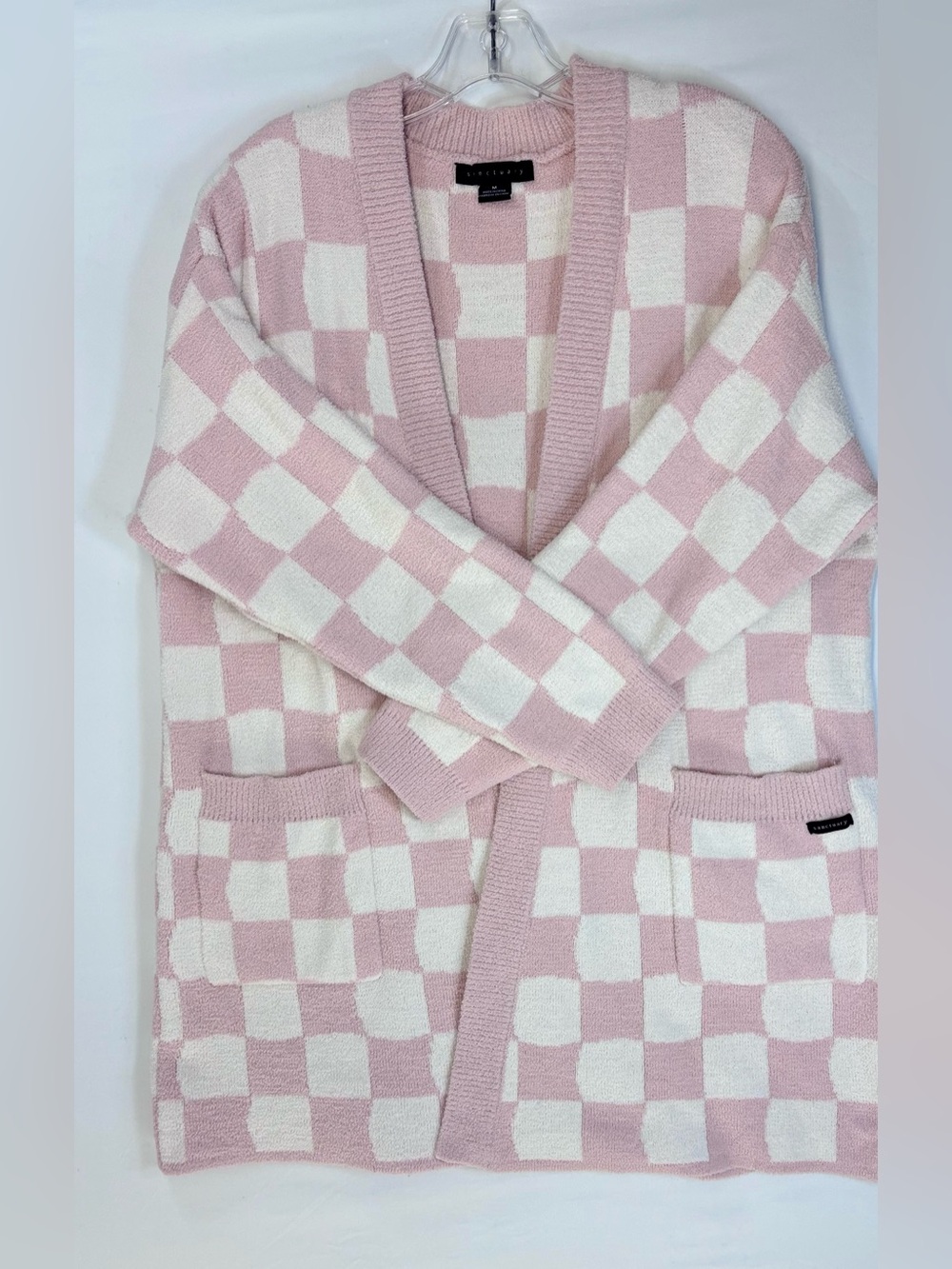 Sanctuary Pink & White Checkerboard Open-Front Cardigan Size M